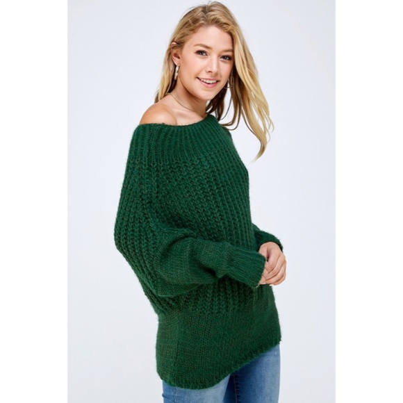 Hunter Green Soft Fuzzy Off The Shoulder Pullover Knit Holiday Casual Sweater - Picture 4 of 6